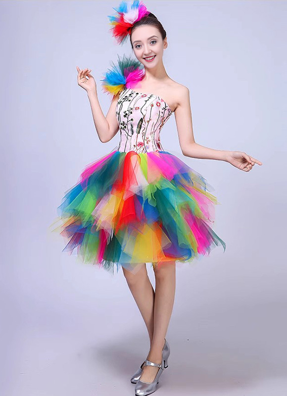 Girls Stage Party Colorful Tutu Dress Off Shoulder Samba  Short Dresses 1